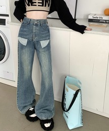 【HOOK】for girls ポケット出しレイヤード風デニムワイドパンツ