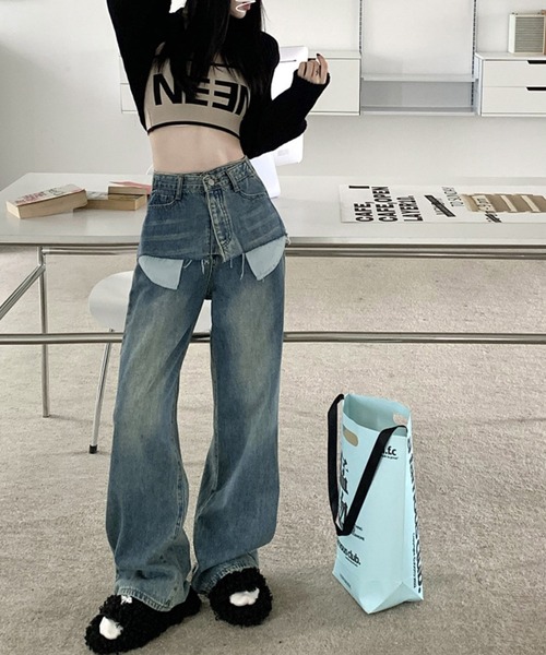 HOOK(フック)の「【HOOK】for girls ポケット出しレイヤード風デニムワイドパンツ(デニムパンツ・レディース・ブルー・XL/S/M/L)」の3枚目の写真