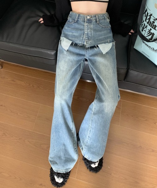 HOOK(フック)の「【HOOK】for girls ポケット出しレイヤード風デニムワイドパンツ(デニムパンツ・レディース・ブルー・XL/S/M/L)」の5枚目の写真