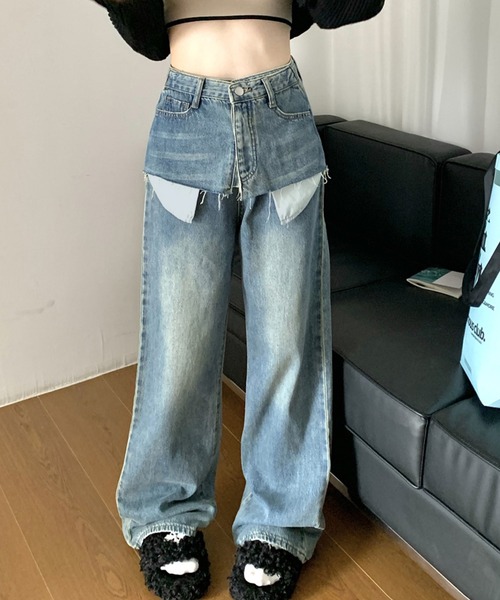 HOOK(フック)の「【HOOK】for girls ポケット出しレイヤード風デニムワイドパンツ(デニムパンツ・レディース・ブルー・XL/S/M/L)」の6枚目の写真