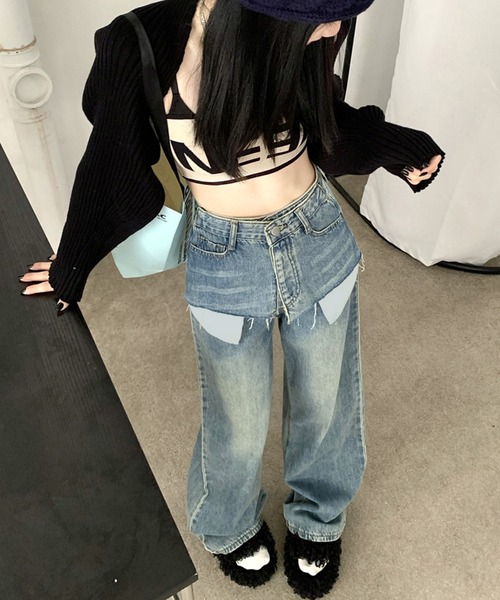 HOOK(フック)の「【HOOK】for girls ポケット出しレイヤード風デニムワイドパンツ(デニムパンツ・レディース・ブルー・XL/S/M/L)」の7枚目の写真