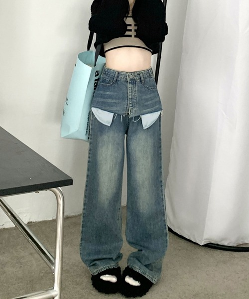 HOOK(フック)の「【HOOK】for girls ポケット出しレイヤード風デニムワイドパンツ(デニムパンツ・レディース・ブルー・XL/S/M/L)」の9枚目の写真