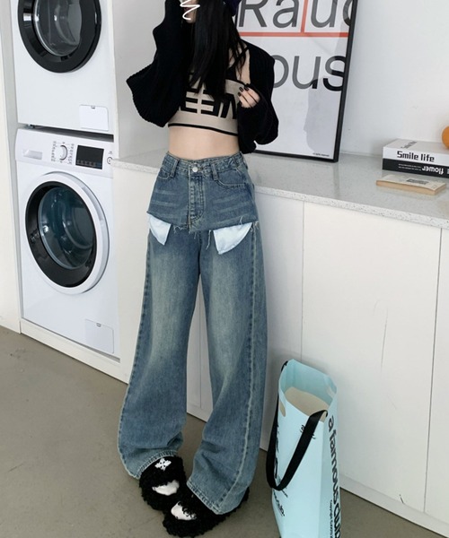 HOOK(フック)の「【HOOK】for girls ポケット出しレイヤード風デニムワイドパンツ(デニムパンツ・レディース・ブルー・XL/S/M/L)」の11枚目の写真