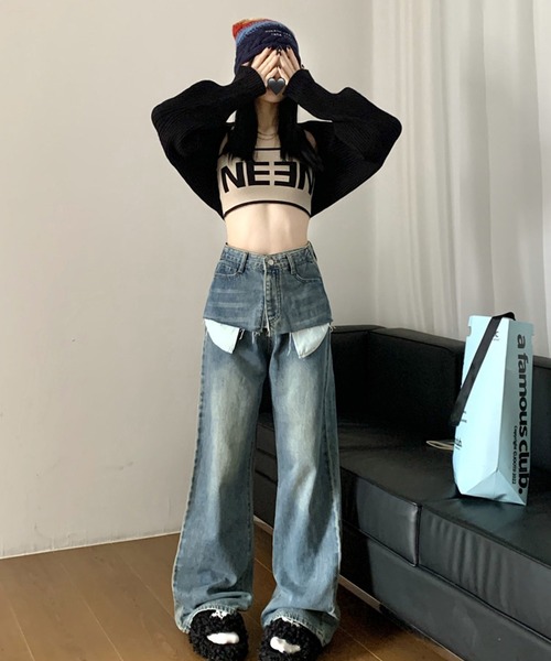 HOOK(フック)の「【HOOK】for girls ポケット出しレイヤード風デニムワイドパンツ(デニムパンツ・レディース・ブルー・XL/S/M/L)」の4枚目の写真