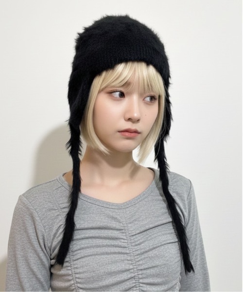 セール】【HIKA】耳当て付きモヘア風ニットCAP（ニットキャップ
