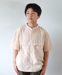 MAKE YOUR DAY | マルチストライプ半袖バンドカラーシャツ■150.160cm(シャツ/ブラウス)