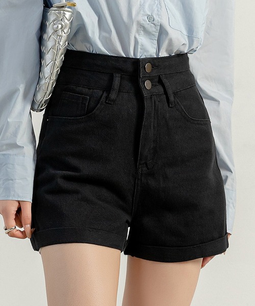 セール】【大きいサイズ有】ハイウエストロールアップダブルボタン