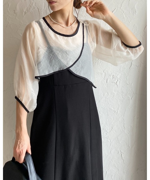 ブラウス シャツ 前後2WAオーガンジーボレロ レディース セール】前後2WAYショート丈半端袖パイピングカシュクール