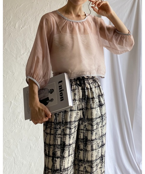 ブラウス シャツ 前後2WAオーガンジーボレロ レディース セール】前後2WAYショート丈半端袖パイピングカシュクール