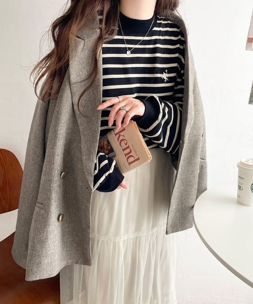 classicalelf(クラシカルエルフ)の「大人リラックススタイル。ワンポイント刺繍モックネック長袖Tシャツ(無地・ボーダー)(Tシャツ/カットソー・レディース・オートミール/ブラック系その他/ブラック/オフホワイト/ホワイト×ブラック/グリーン・X-LARGE/LARGE/MEDIUM/SMALL)」の20枚目の写真