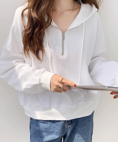 Girly Doll（ガーリードール）の「ジップ付きワッフルパーカー（パーカー・レディース・ホワイト/ピンク/ベージュ・M/L）」の10枚目の写真