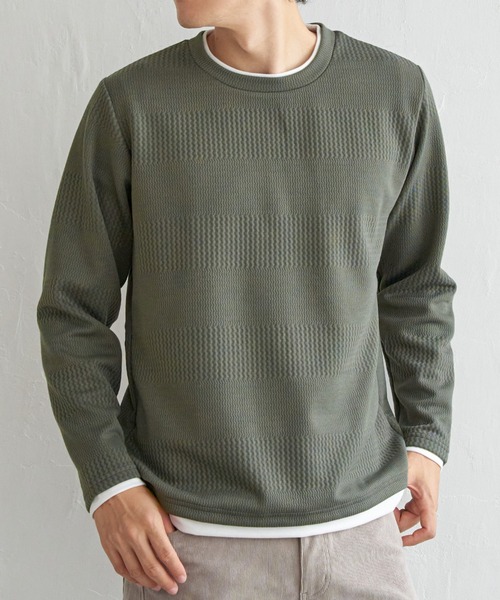 ikka(イッカ)の「フクレジャカードクルーネックレイヤード(Tシャツ/カットソー・メンズ・オリーブ/チャコールグレー/ブルー/ピンク/ネイビー/ベージュ・M/L/XL/S)」の3枚目の写真