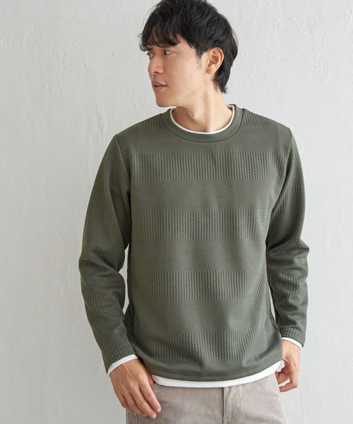 ikka(イッカ)の「フクレジャカードクルーネックレイヤード(Tシャツ/カットソー・メンズ・オリーブ/チャコールグレー/ブルー/ピンク/ネイビー/ベージュ・M/L/XL/S)」の8枚目の写真