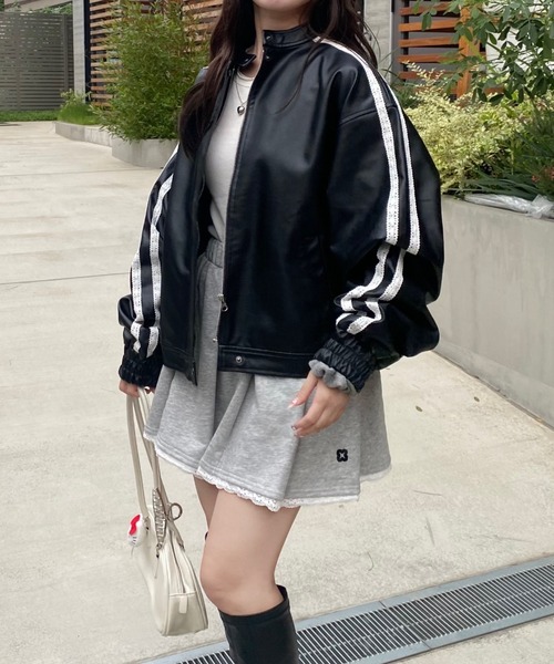 セール】【Seoup】ラインレーストラックレザージャケット（ブルゾン