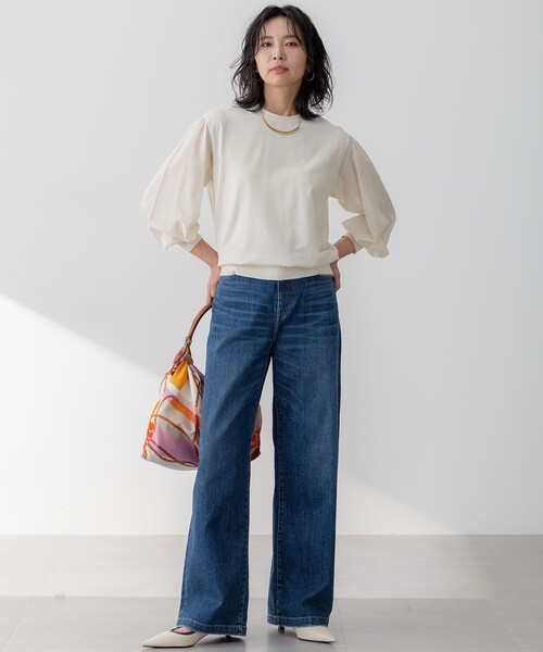 23区 L（ニジュウサンクオオキイサイズ）の「【洗える】コンフォートストレッチ パフスリーブ ニット（ニット/セーター・レディース・ブラック系/アイボリー系/ライトグリーン系・44/46/48）」の6枚目の写真