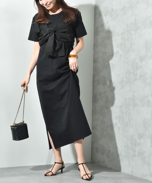 INTERPLANET(インタープラネット)の「デコリボン異素材切替ワンピース(ワンピース・レディース・グレー/ブラック/ネイビー・FREE)」の2枚目の写真