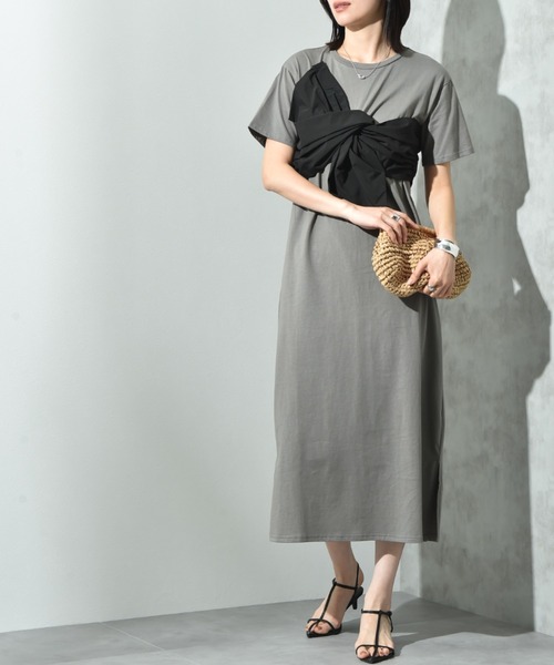 INTERPLANET(インタープラネット)の「デコリボン異素材切替ワンピース(ワンピース・レディース・グレー/ブラック/ネイビー・FREE)」の4枚目の写真