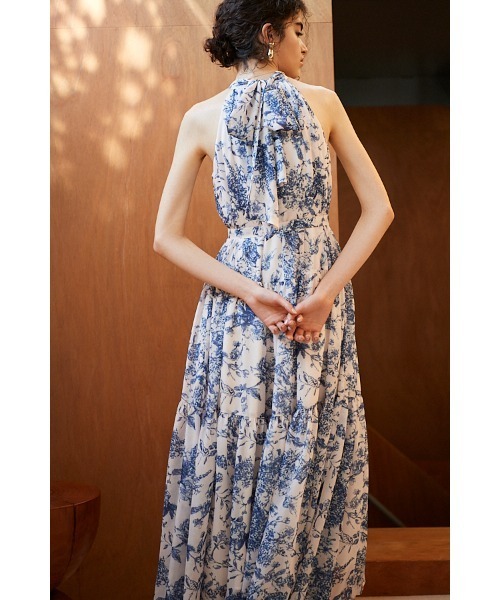 Positano Belted long Dress 2 プリントホルターネック