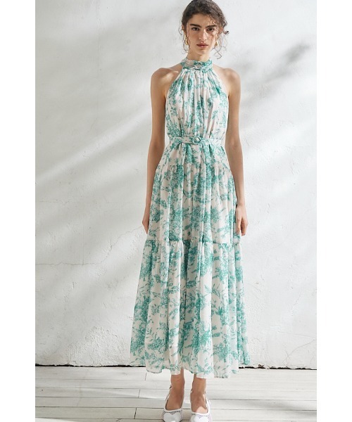Positano Belted long Dress 2 プリントホルターネックティアード
