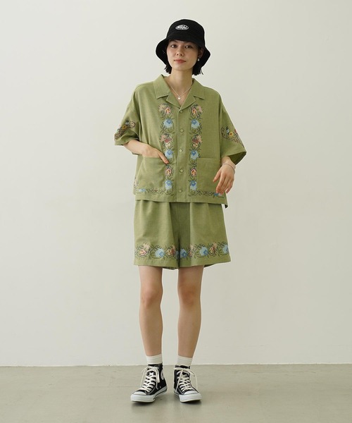 MILKFED.（ミルクフェド）の「CROSS STITCH STYLE SHIRT（シャツ/ブラウス・レディース・ライトグリーン/ネイビー/オフホワイト・ONE SIZE）」の6枚目の写真