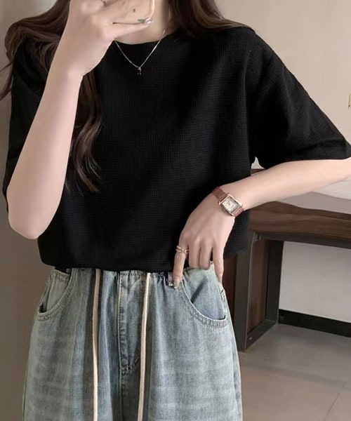 Pittok(ピットク)の「ラウンドネックワッフル生地プルオーバー(Tシャツ/カットソー・レディース・ホワイト/カーキ・MEDIUM)」の3枚目の写真