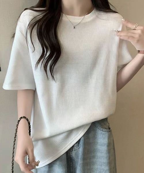 Pittok(ピットク)の「ラウンドネックワッフル生地プルオーバー(Tシャツ/カットソー・レディース・ホワイト/カーキ・MEDIUM)」の9枚目の写真