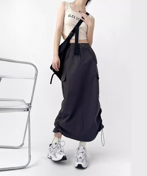 Teem Store（チームストア）の「サイドシャーリングナイロンロングカーゴスカート（スカート・レディース・ブラック/グレー・M/L）」の10枚目の写真