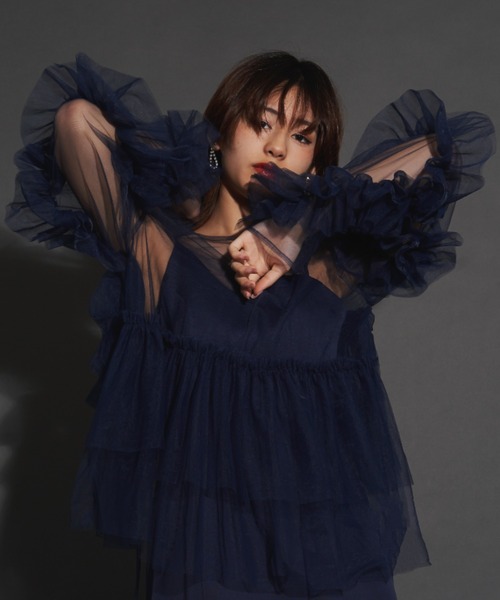 My shawty（ﾏｲｼｬｳﾃｨｰ）の「frill tule top（ドレス・レディース・ネイビー/ブラック/アイボリー/グリーン/ベージュ/ピンク・FREE）」の6枚目の写真