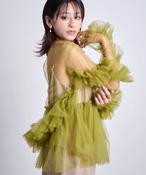 My shawty（ﾏｲｼｬｳﾃｨｰ）の「frill tule top（ドレス・レディース・ネイビー/ブラック/アイボリー/グリーン/ベージュ/ピンク・FREE）」の5枚目の写真
