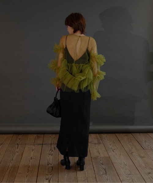 My shawty（ﾏｲｼｬｳﾃｨｰ）の「frill tule top（ドレス・レディース・ネイビー/ブラック/アイボリー/グリーン/ベージュ/ピンク・FREE）」の8枚目の写真