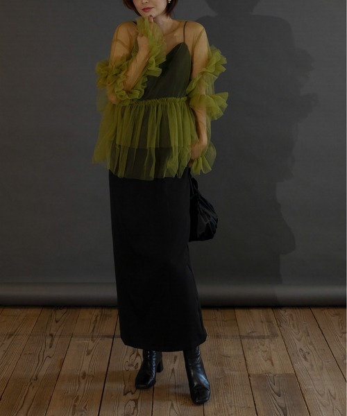 My shawty（ﾏｲｼｬｳﾃｨｰ）の「frill tule top（ドレス・レディース・ネイビー/ブラック/アイボリー/グリーン/ベージュ/ピンク・FREE）」の9枚目の写真