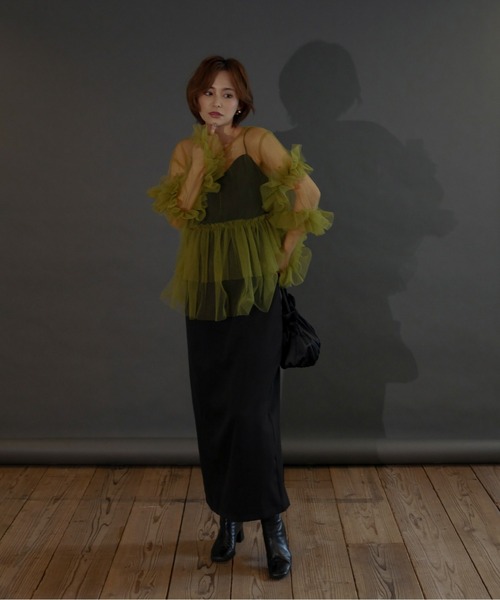 My shawty（ﾏｲｼｬｳﾃｨｰ）の「frill tule top（ドレス・レディース・ネイビー/ブラック/アイボリー/グリーン/ベージュ/ピンク・FREE）」の7枚目の写真