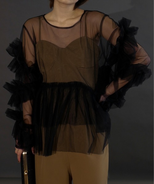My shawty（ﾏｲｼｬｳﾃｨｰ）の「frill tule top（ドレス・レディース・ネイビー/ブラック/アイボリー/グリーン/ベージュ/ピンク・FREE）」の11枚目の写真