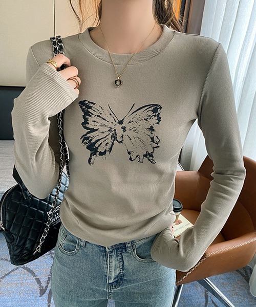 VIBGYOR(ヴィブジョー)の「【EIZZ/アイズ】幻想蝶プリント ロングスリーブ Tシャツ(Tシャツ/カットソー・レディース・ホワイト/ライトグレー/チャコール/ブラック/カーキ・FREE)」の13枚目の写真