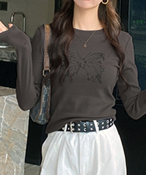 VIBGYOR(ヴィブジョー)の「【EIZZ/アイズ】幻想蝶プリント ロングスリーブ Tシャツ(Tシャツ/カットソー・レディース・ホワイト/ライトグレー/チャコール/ブラック/カーキ・FREE)」の11枚目の写真
