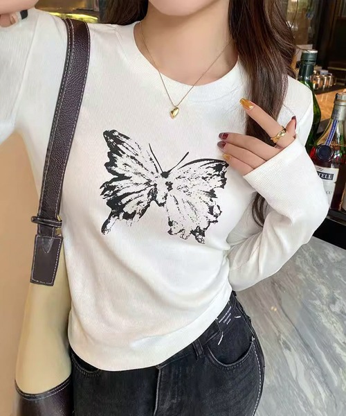 VIBGYOR(ヴィブジョー)の「【EIZZ/アイズ】幻想蝶プリント ロングスリーブ Tシャツ(Tシャツ/カットソー・レディース・ホワイト/ライトグレー/チャコール/ブラック/カーキ・FREE)」の22枚目の写真