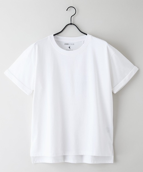 JEANS MATE（ジーンズメイト）の「【汗染みの目立ちにくいTシャツ ZEROSTAIN/ゼロステイン】ロールカフサイドスリットTシャツ 撥水・防汚加工 涼しい・透けにくい サイドスリット（Tシャツ/カットソー・レディース・スミクロ/ダークグリーン/ブラック/ホワイト/パープル・LARGE/MEDIUM）」の13枚目の写真