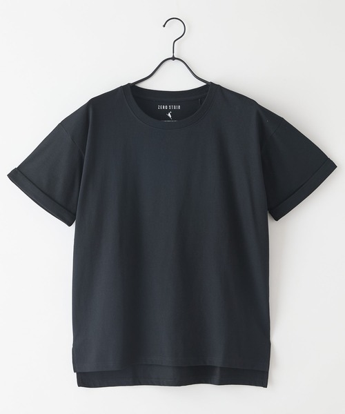 JEANS MATE（ジーンズメイト）の「【汗染みの目立ちにくいTシャツ ZEROSTAIN/ゼロステイン】ロールカフサイドスリットTシャツ 撥水・防汚加工 涼しい・透けにくい サイドスリット（Tシャツ/カットソー・レディース・スミクロ/ダークグリーン/ブラック/ホワイト/パープル・LARGE/MEDIUM）」の8枚目の写真