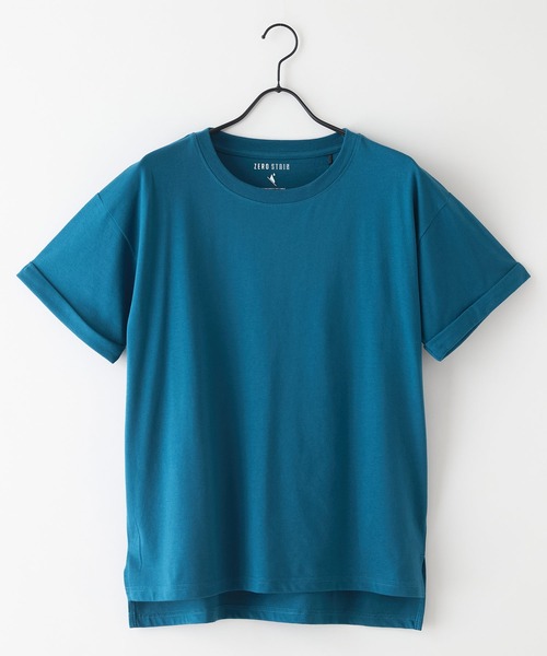 JEANS MATE（ジーンズメイト）の「【汗染みの目立ちにくいTシャツ ZEROSTAIN/ゼロステイン】ロールカフサイドスリットTシャツ 撥水・防汚加工 涼しい・透けにくい サイドスリット（Tシャツ/カットソー・レディース・スミクロ/ダークグリーン/ブラック/ホワイト/パープル・LARGE/MEDIUM）」の6枚目の写真