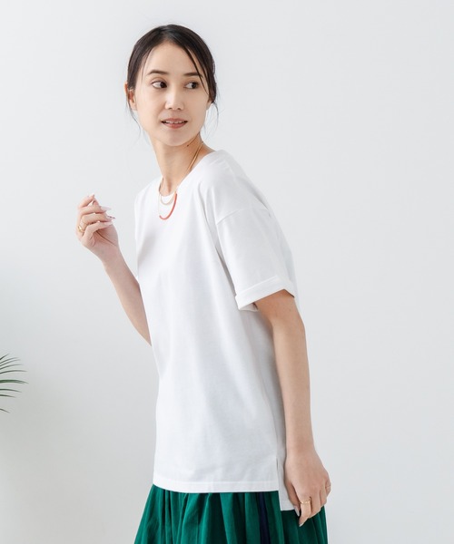 JEANS MATE（ジーンズメイト）の「【汗染みの目立ちにくいTシャツ ZEROSTAIN/ゼロステイン】ロールカフサイドスリットTシャツ 撥水・防汚加工 涼しい・透けにくい サイドスリット（Tシャツ/カットソー・レディース・スミクロ/ダークグリーン/ブラック/ホワイト/パープル・LARGE/MEDIUM）」の21枚目の写真