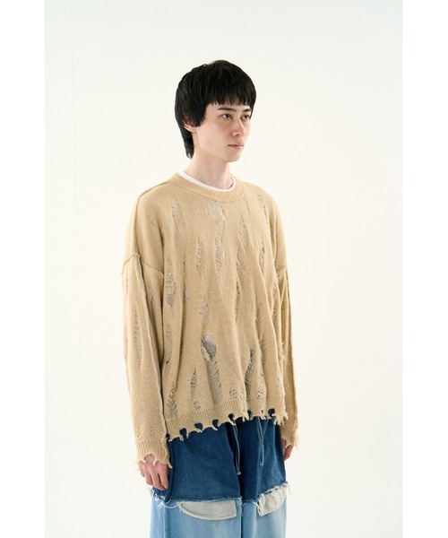 DISCOVERED（ディスカバード）の「DAMAGE OVER RAME KNIT（ニット/セーター・メンズ・グレー/ブラック/ベージュ・SMALL/LARGE）」の7枚目の写真