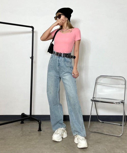 non-hedge(ノンヘッジ)の「リブハートネッククロスショート丈Tシャツ(Tシャツ/カットソー・レディース・ブラック/オフホワイト/グレー/ピンク・FREE)」の19枚目の写真