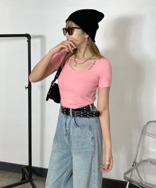 non-hedge(ノンヘッジ)の「リブハートネッククロスショート丈Tシャツ(Tシャツ/カットソー・レディース・ブラック/オフホワイト/グレー/ピンク・FREE)」の18枚目の写真