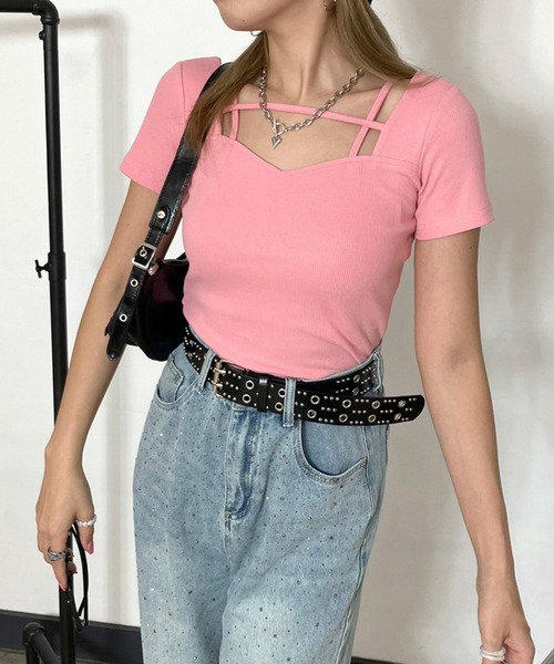 non-hedge(ノンヘッジ)の「リブハートネッククロスショート丈Tシャツ(Tシャツ/カットソー・レディース・ブラック/オフホワイト/グレー/ピンク・FREE)」の17枚目の写真