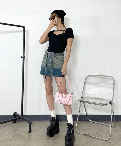 non-hedge(ノンヘッジ)の「リブハートネッククロスショート丈Tシャツ(Tシャツ/カットソー・レディース・ブラック/オフホワイト/グレー/ピンク・FREE)」の9枚目の写真