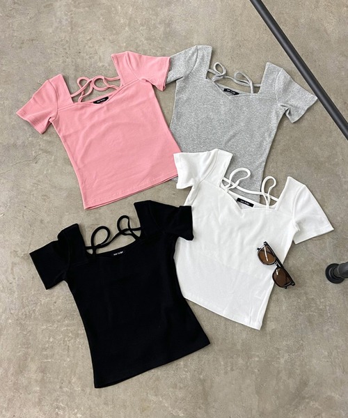 non-hedge(ノンヘッジ)の「リブハートネッククロスショート丈Tシャツ(Tシャツ/カットソー・レディース・ブラック/オフホワイト/グレー/ピンク・FREE)」の22枚目の写真