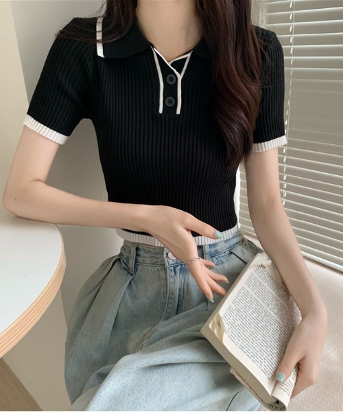 SHEPP(シープ)の「クロップドリブニットポロ(ポロシャツ・レディース・ホワイト/ブラック/ピンク・F)」の8枚目の写真