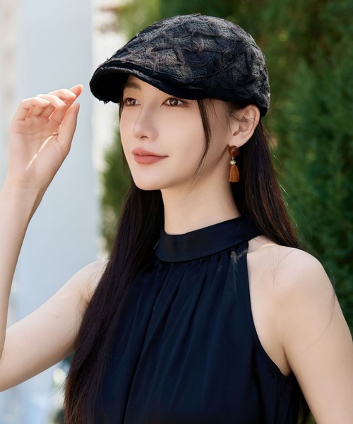 gossip！ロサンゼルス（ゴシップロサンゼルス）の「チュール立体フラワー付き　ベレー帽　バスクバレー/ハンチング（ハンチング/ベレー帽・レディース・ブラック/ホワイト・FREE）」の8枚目の写真