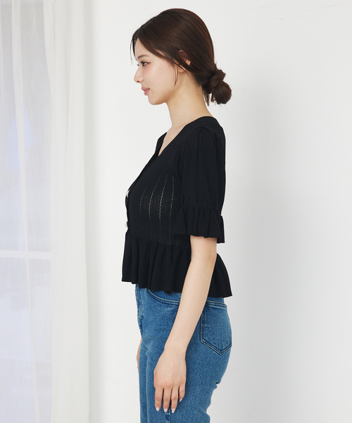 SELFIST（セルフィスト）の「ビジューボタン付きペプラムニットカーデ　サマーニット　夏服（ニット/セーター・レディース・ブラック/オフホワイト/イエロー・フリー）」の17枚目の写真