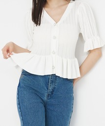 ビジューボタン付きペプラムニットカーデ　サマーニット　夏服